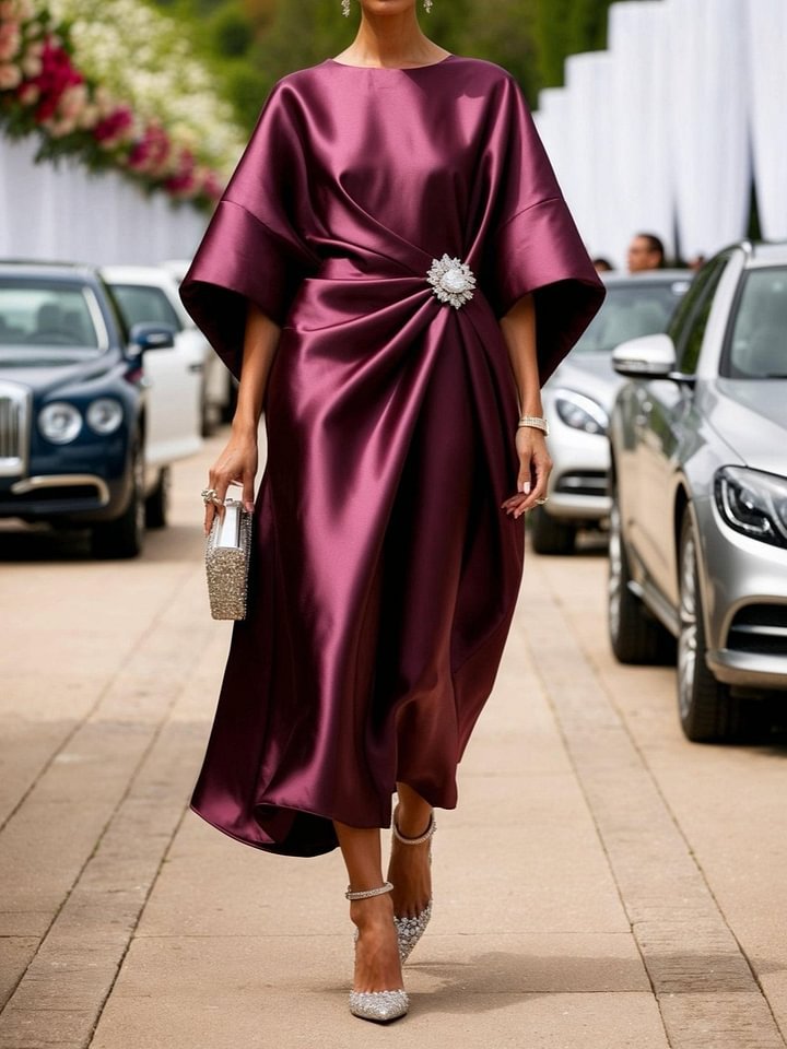 Elegant Commuter Design Sense Satin Long Dress For Women With Pearl Flower Decoration High Waist Irregular Skirt