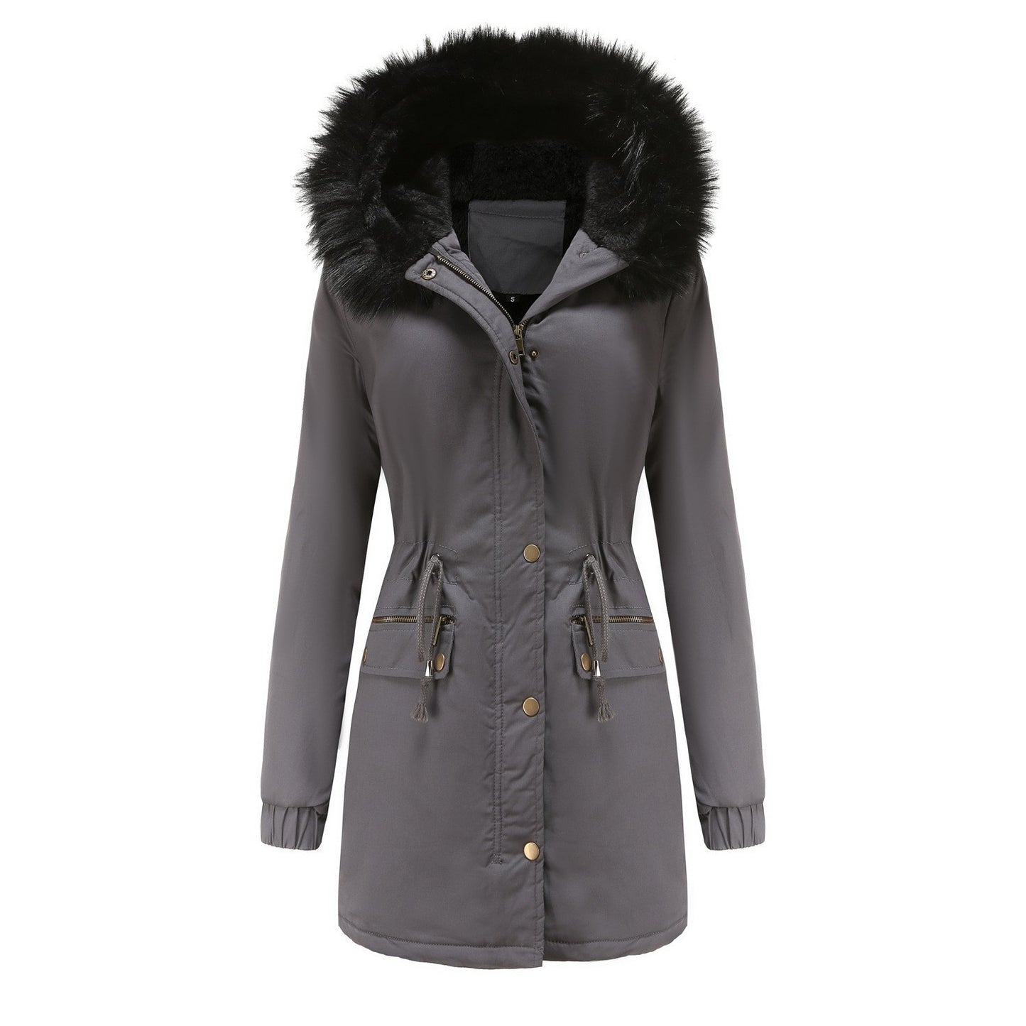 Women's Plush Hooded Parkas Winter Warm Thick  Zip-up Jackets Casual Mid-length Solid Buckle Pockets Coat Outerwear Clothing