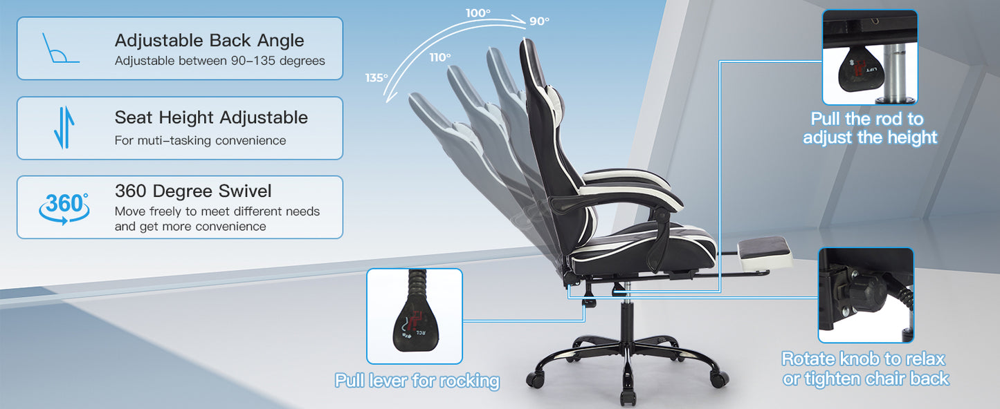 Gaming Chair With Footrest, Ergonomic Computer Chair With Headrest And Lumbar Support, Breathable Material Height Adjustable Video Game Chairs For Adults, Black White
