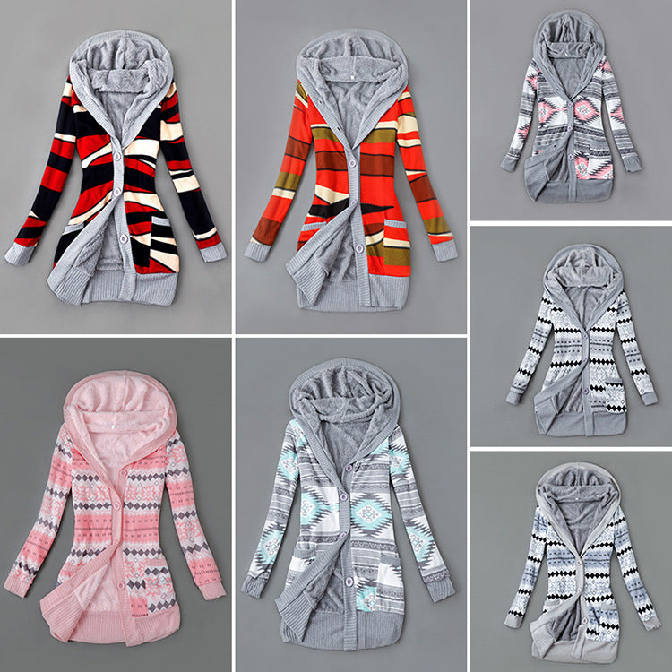 Autumn And Winter Jacket Printed Hooded Wool Liner Knit Midi Length