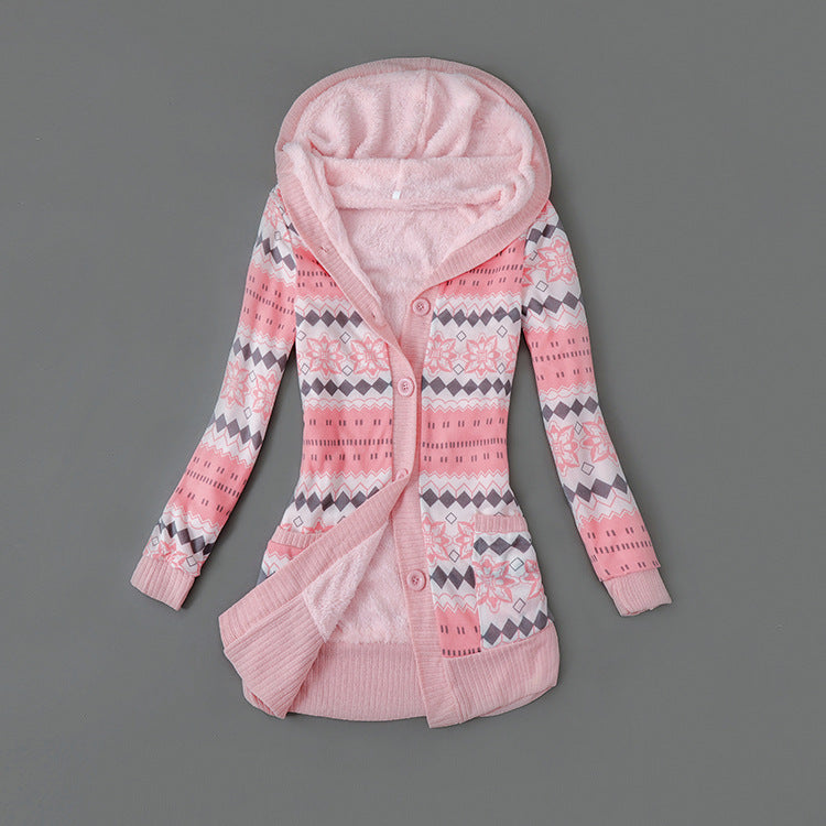 Autumn And Winter Jacket Printed Hooded Wool Liner Knit Midi Length