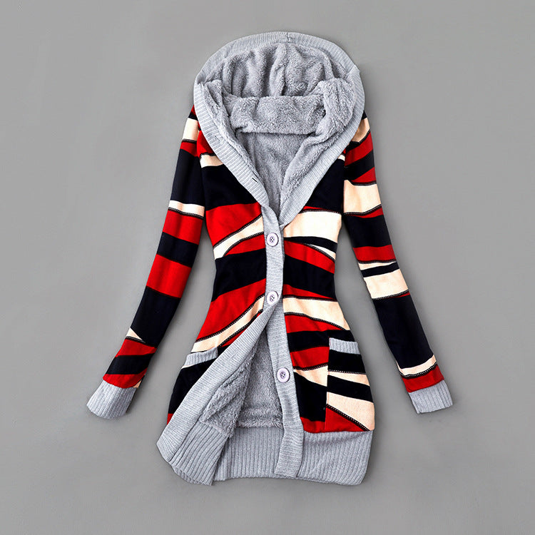Autumn And Winter Jacket Printed Hooded Wool Liner Knit Midi Length
