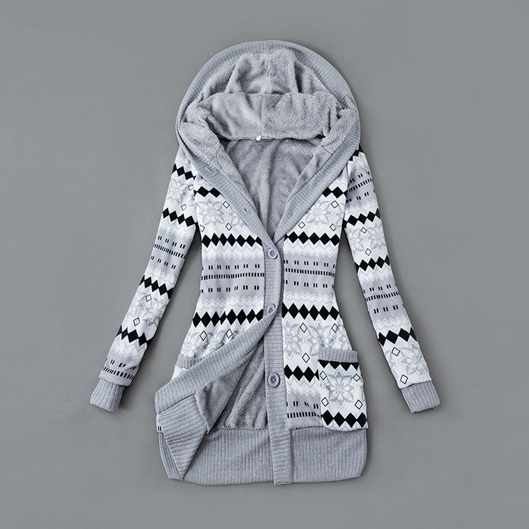 Autumn And Winter Jacket Printed Hooded Wool Liner Knit Midi Length