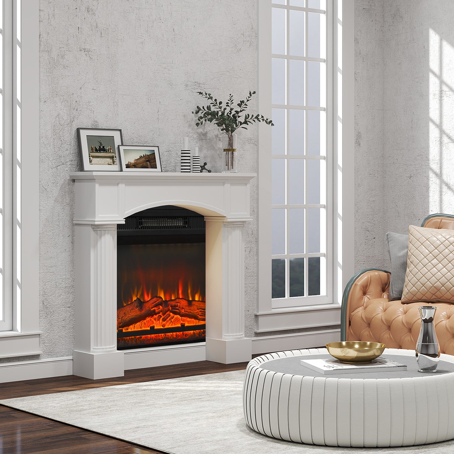 Modern Fireplace Mantel, Freestanding Fireplace Surround For Electric Fireplaces, 43.3 W X 39.8 H, White