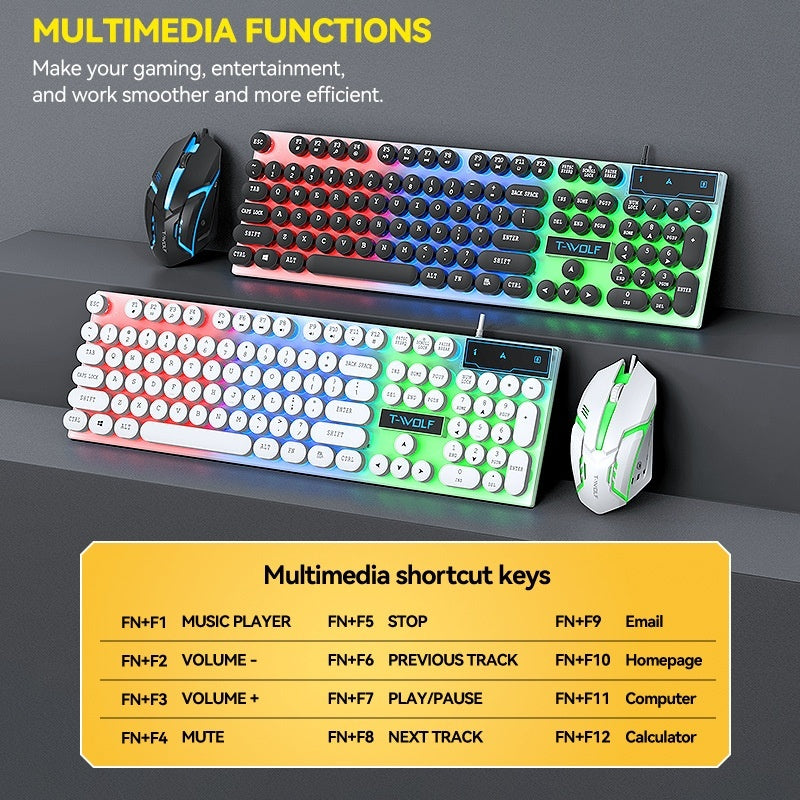 Retro Wired Glowing Mechanical-feel Keyboard And Mouse Gaming Set