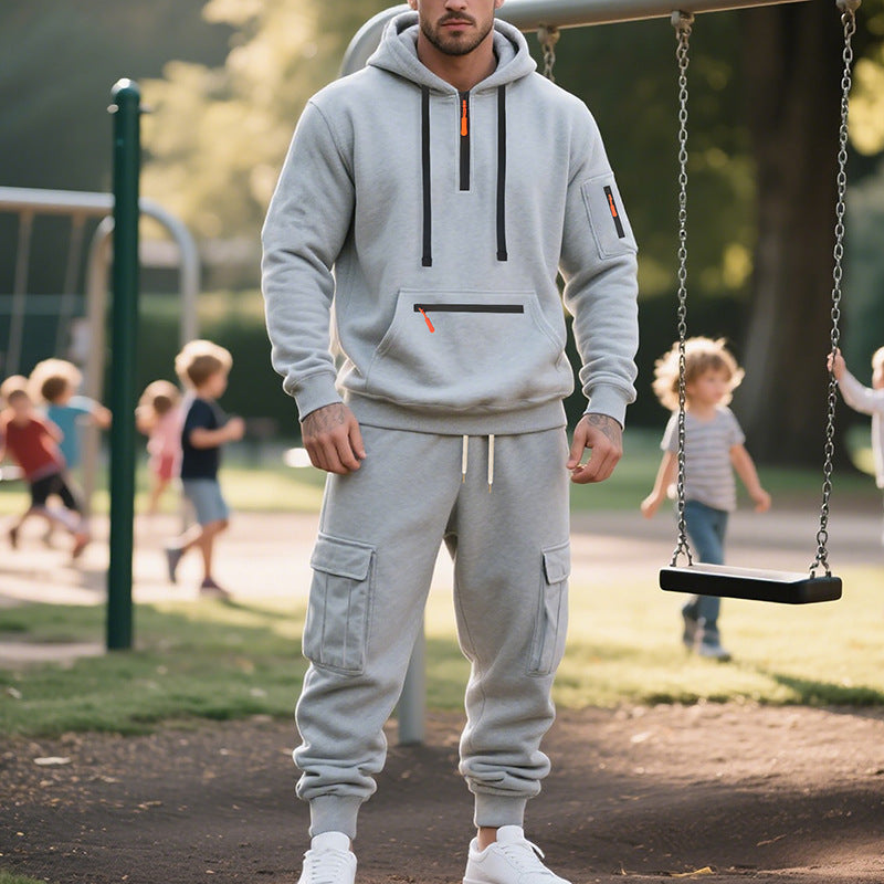 Men's Loose Sports And Leisure Suit Sweater Fleece-lined Hoodie Set Zipper Multi-Pocket Pullover Men's Sports Casual Top Two-piece Set