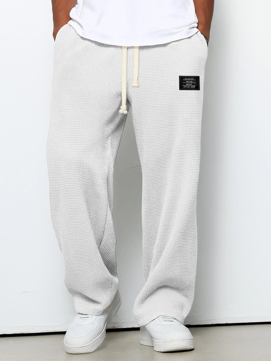 Waffle Straight Pants Fashion Brand Loose Loose  Drawstring Pockets Trousers Casual Men's Clothing
