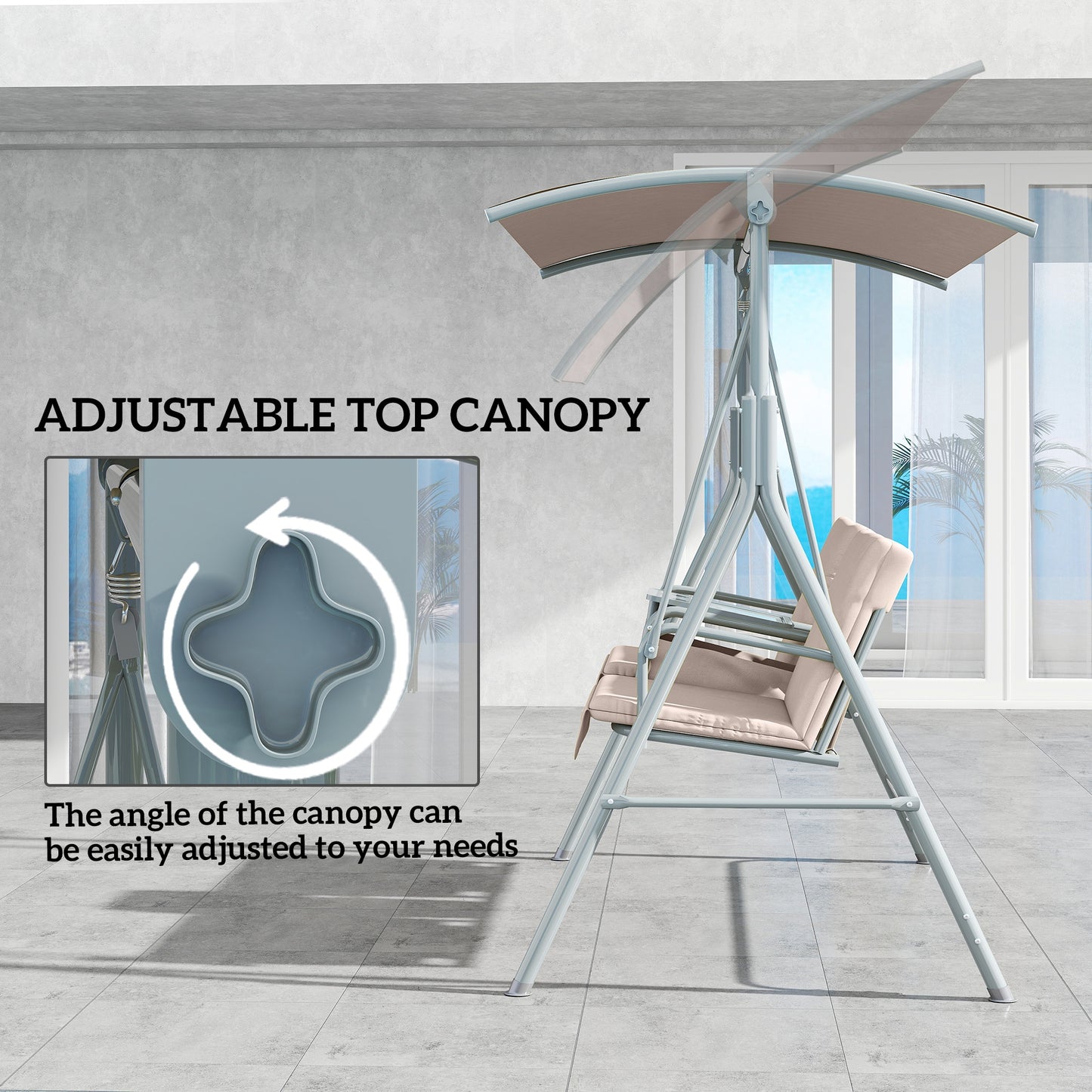 2-Seater Outdoor Porch Swing With Canopy And Table, Patio Swing Chair For Garden, Poolside, Backyard, Beige