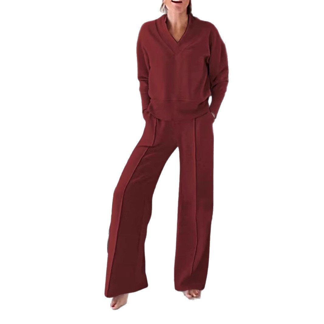 Women's Pullover Suit Casual Collared Long-Sleeved V-neck Top And Loose Straight-Leg Pants Fashion Sweatshirt Sport Trousers Set