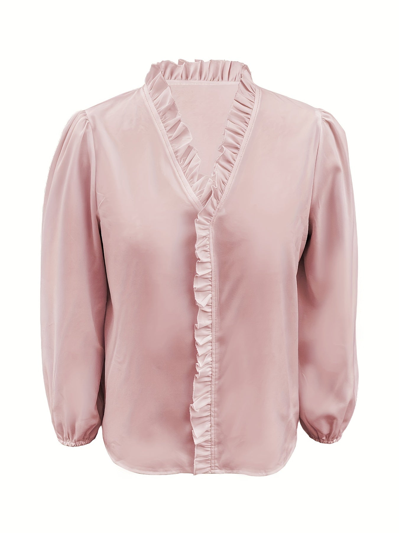 Pure Color Ruffle Hemline Shirt, Casual V-neck Long Sleeve Shirt.