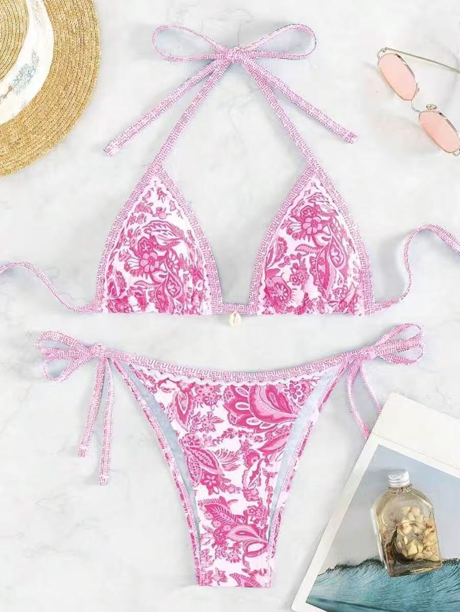 Womens Printed Two-Piece Swimsuit With Tie-Back Design