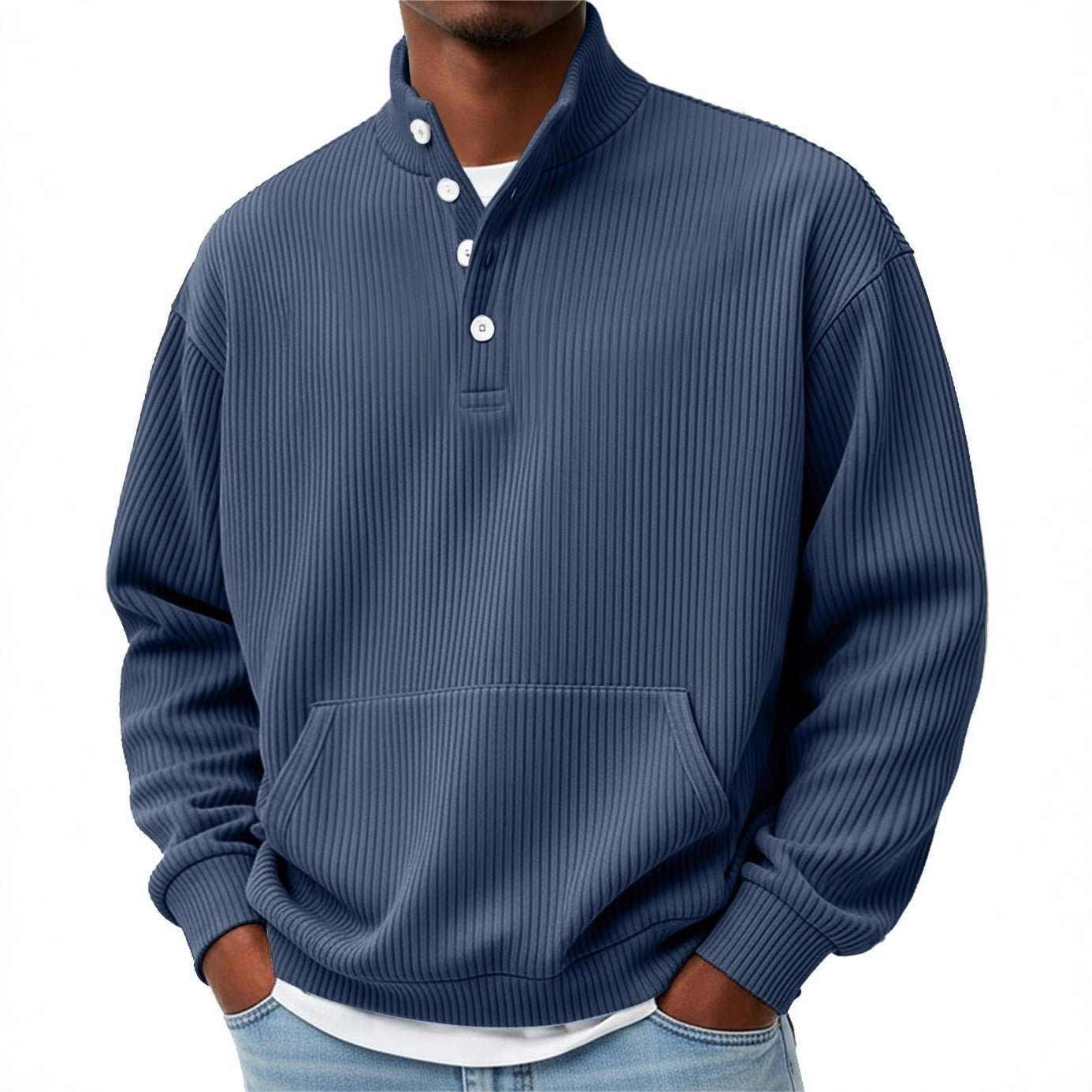 Mens Solid-Color Turtleneck Casual Long-Sleeve Polo Sweatshirt With Pockets For Men Spring Autumn Clothing Loose Button Polo Collar Tees Tops Man Outwear
