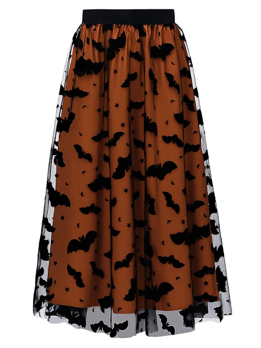 Women's Witchy Tulle Tutu Skirt, Halloween Dress Pumpkin Skirt Velvet Bats Elastic Waist Layered Mesh Midi Skirt Witchy Clothes For Halloween Party Amazon Sales Ban