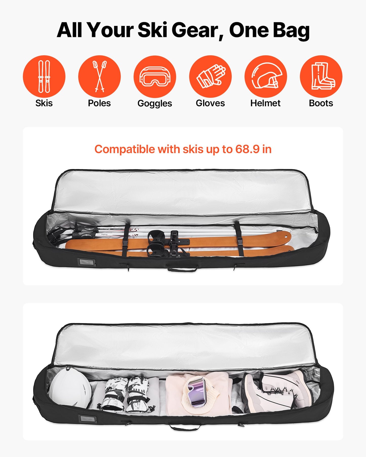 Snowboard Bag, Up To 65 In/165 Cm, Padded Skis & Snowboards Bag For Air Travel, 600D Waterproof Oxford Fabric, With Adjustable Inner Straps, For Skis Poles Goggles Gloves Helmet Boots (Black)