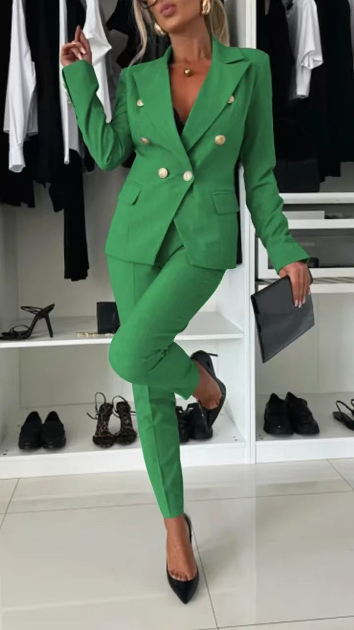 Casual Blazer Suit Slim Lapel Double-breasted Jacket And Zip-up Trousers Women's Clothing