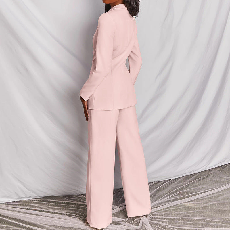 2pcs Casual Suit Lapel Button-down Blazer Jacket And Straight-leg Pants Office Commuting Business Trousers Set Clothing