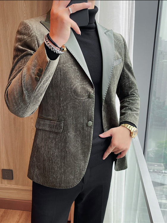 Jacquard Velvet Leather Lapel Men's Blazer
