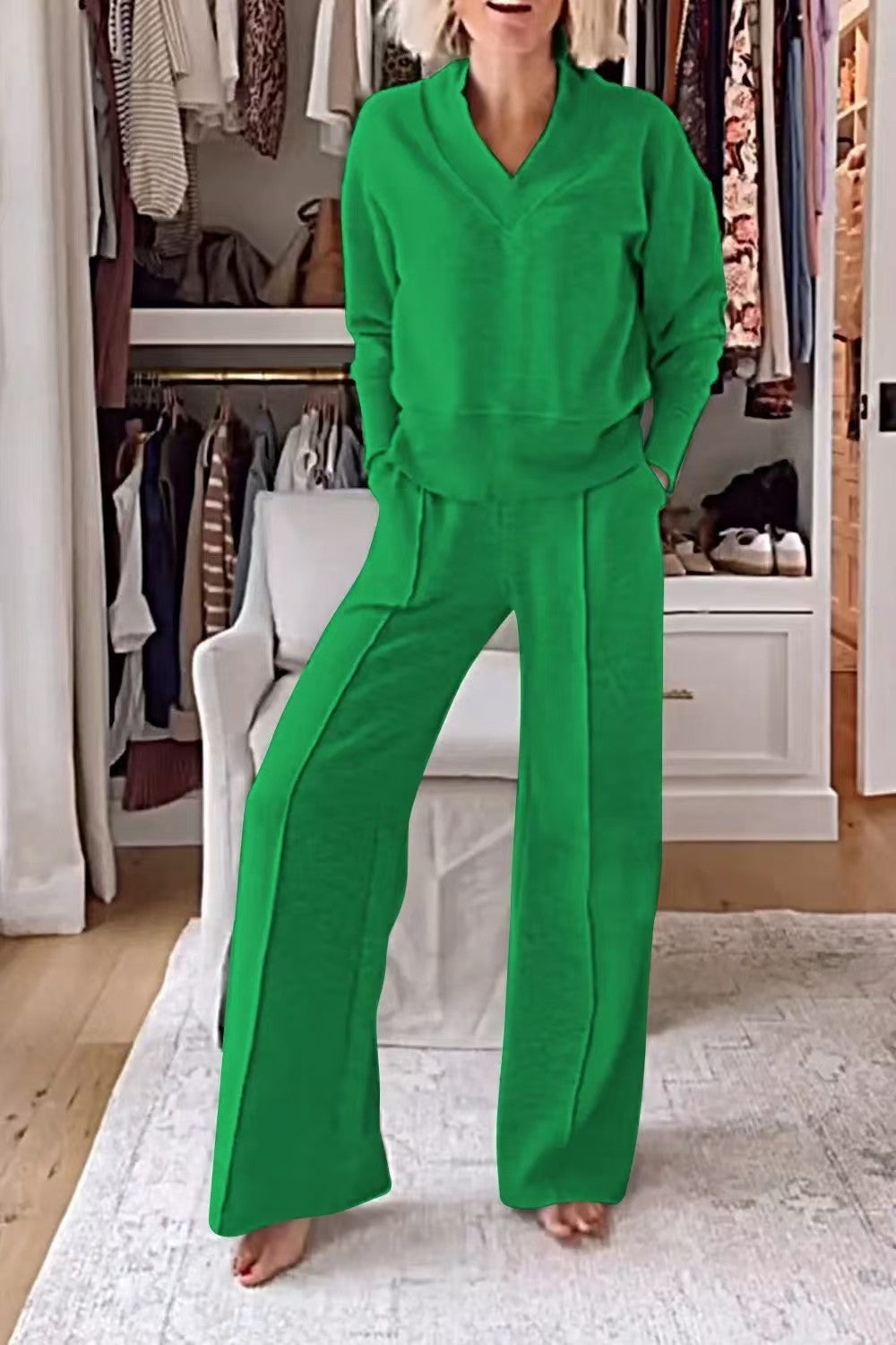 Women's Pullover Suit Casual Collared Long-Sleeved V-neck Top And Loose Straight-Leg Pants Fashion Sweatshirt Sport Trousers Set