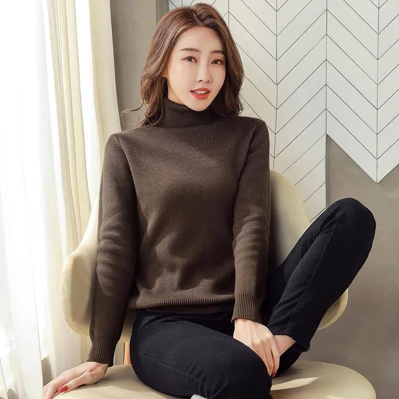 Fleece Turtle Neck Sweater Winter Warm Elegant Thick Knitted Pullover Tops Women's Clothing