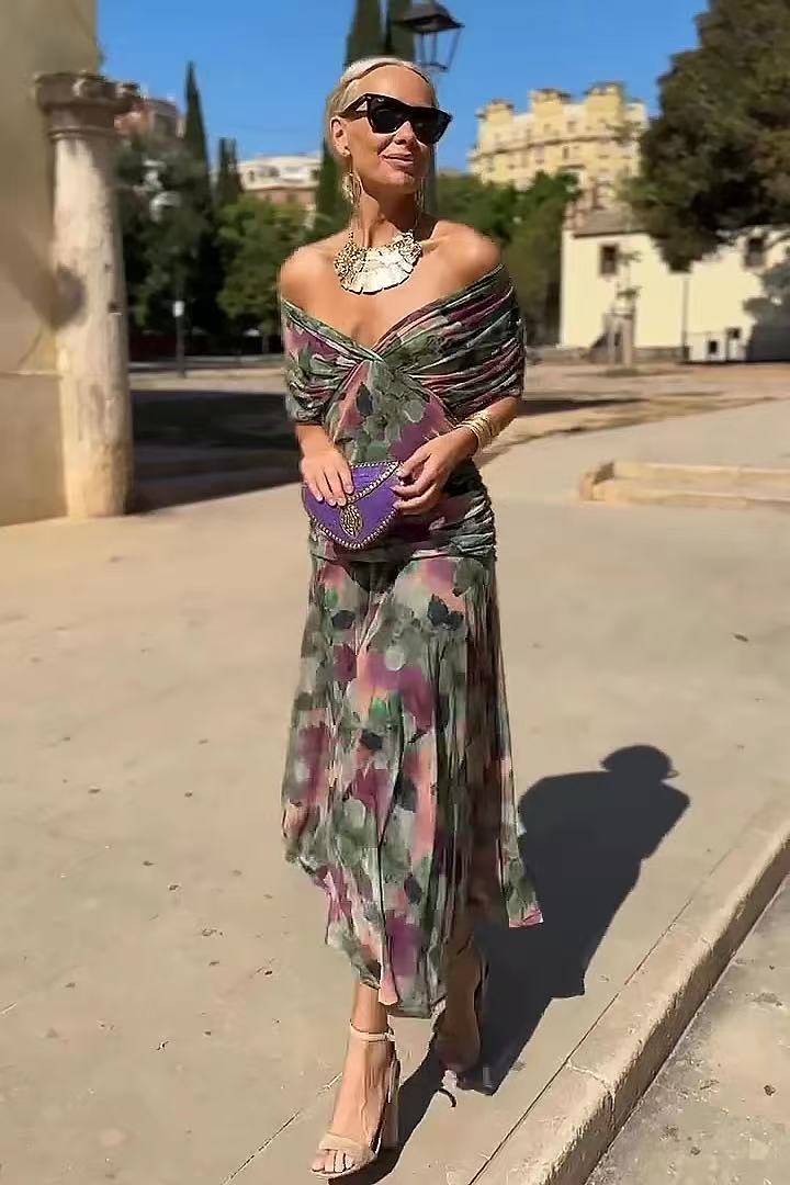 European And American SpringSummer Mesh Printed Camisole Dress