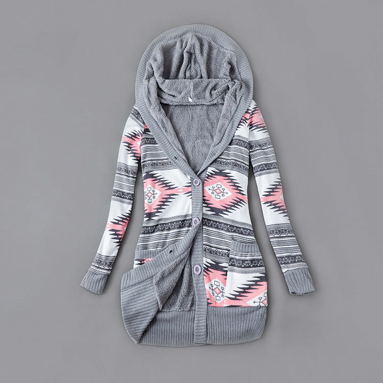 Autumn And Winter Jacket Printed Hooded Wool Liner Knit Midi Length