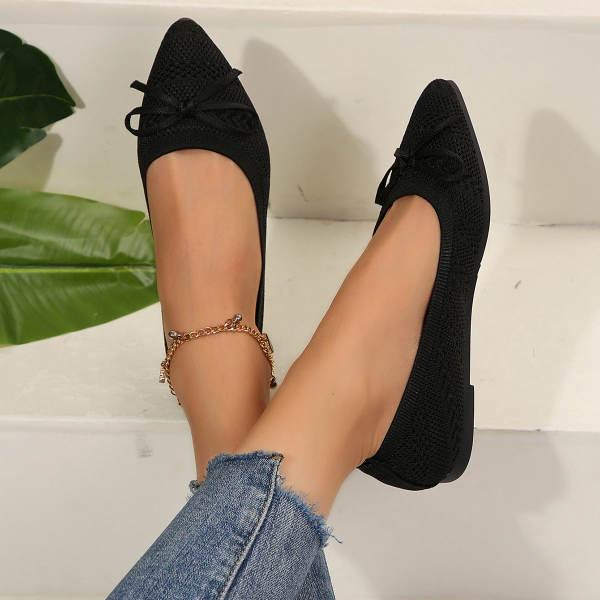 Bow Knitted Loafers Ins Fashion Pointed-toed Flats Shoes For Women