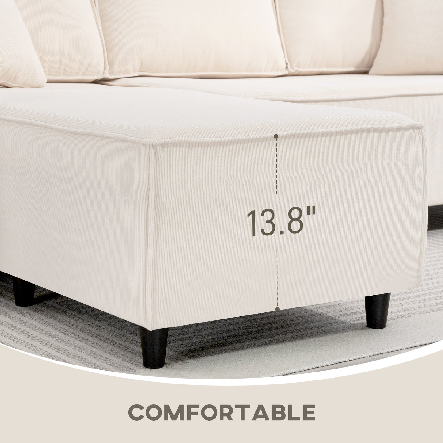 Corner Sofa With Reversible Chaise Lounge, Corduroy L-Shaped Sectional Sofa With Pocket Spring, Cream White