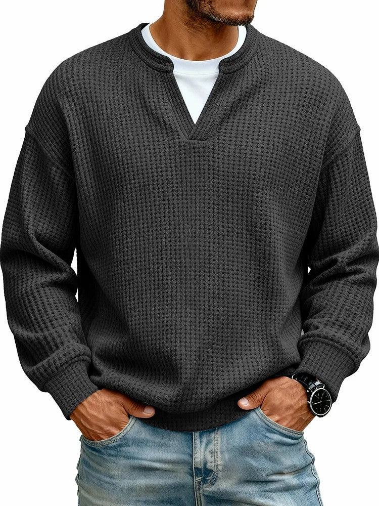 Simple Waffle-Weave V-neck SweatShirt For Men Fall Spring Two-Piece Casual Long-Sleeve T-Shirt For Daily Wear Work Outfit Streetwear