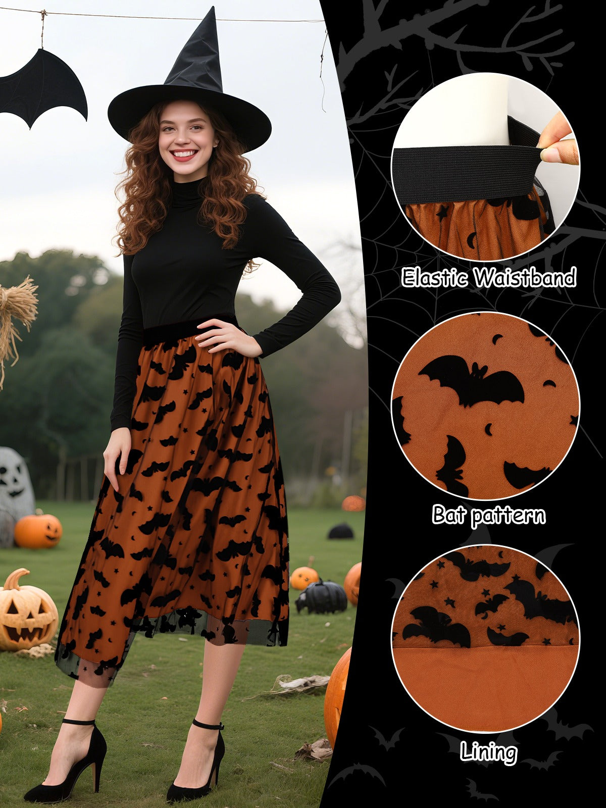 Women's Witchy Tulle Tutu Skirt, Halloween Dress Pumpkin Skirt Velvet Bats Elastic Waist Layered Mesh Midi Skirt Witchy Clothes For Halloween Party Amazon Sales Ban