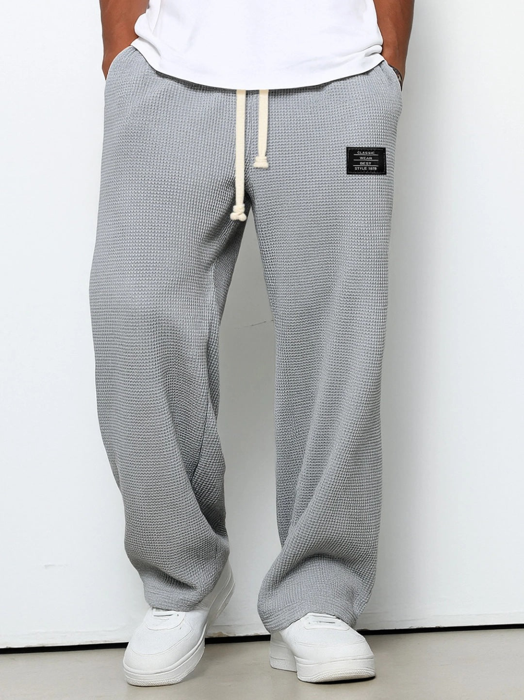 Waffle Straight Pants Fashion Brand Loose Loose  Drawstring Pockets Trousers Casual Men's Clothing