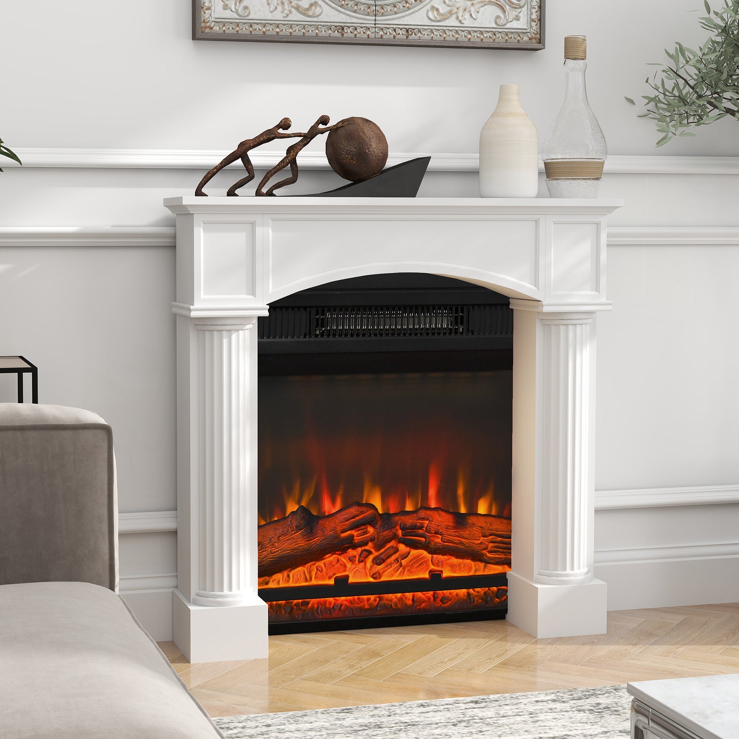 Modern Fireplace Mantel, Freestanding Fireplace Surround For Electric Fireplaces, 43.3 W X 39.8 H, White