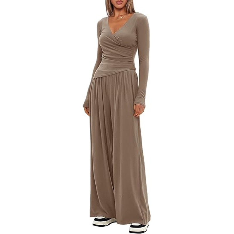 2 Pieces Women's V Neck Long-sleeve Sportswear Top And Wide-leg Pants Set Casual Comfortable Outfit Set For Daily Wear Gym Sports Outfit