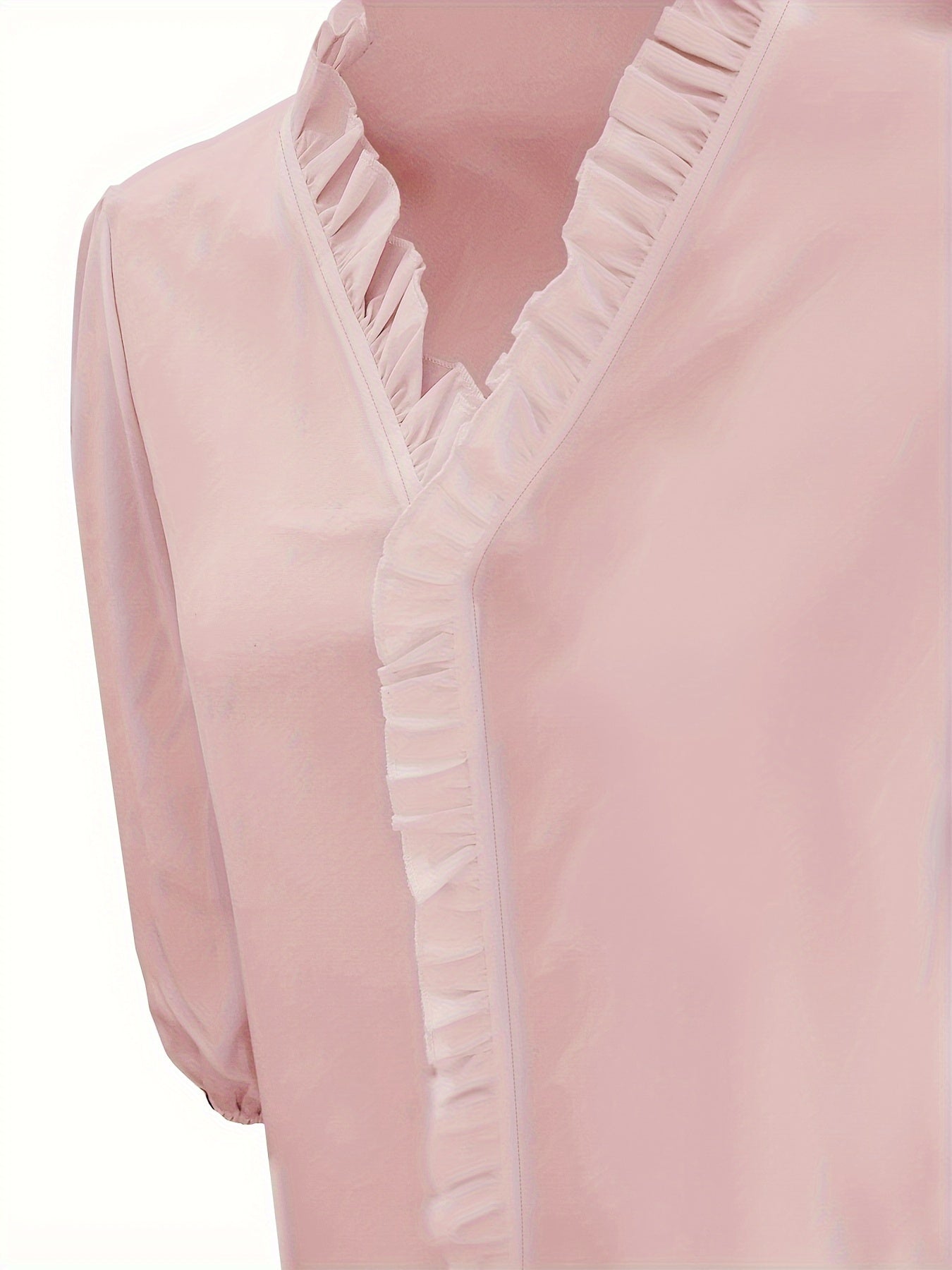 Pure Color Ruffle Hemline Shirt, Casual V-neck Long Sleeve Shirt.