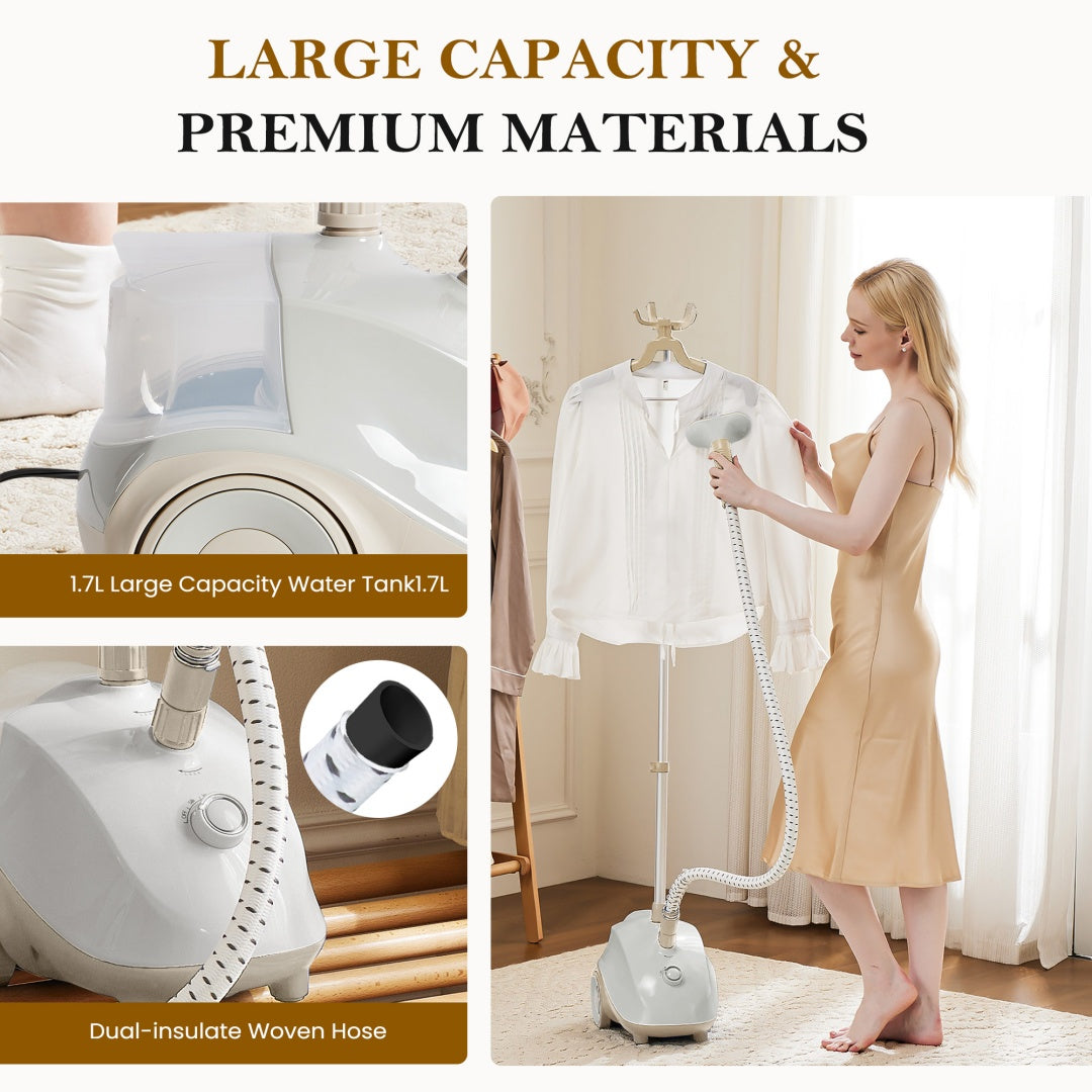 Standing Garment Steamer, 1500W Powerful Steamer For Clothes With Roll Wheels, 1.7L Water Tank For 55 Min Continuous Steaming
