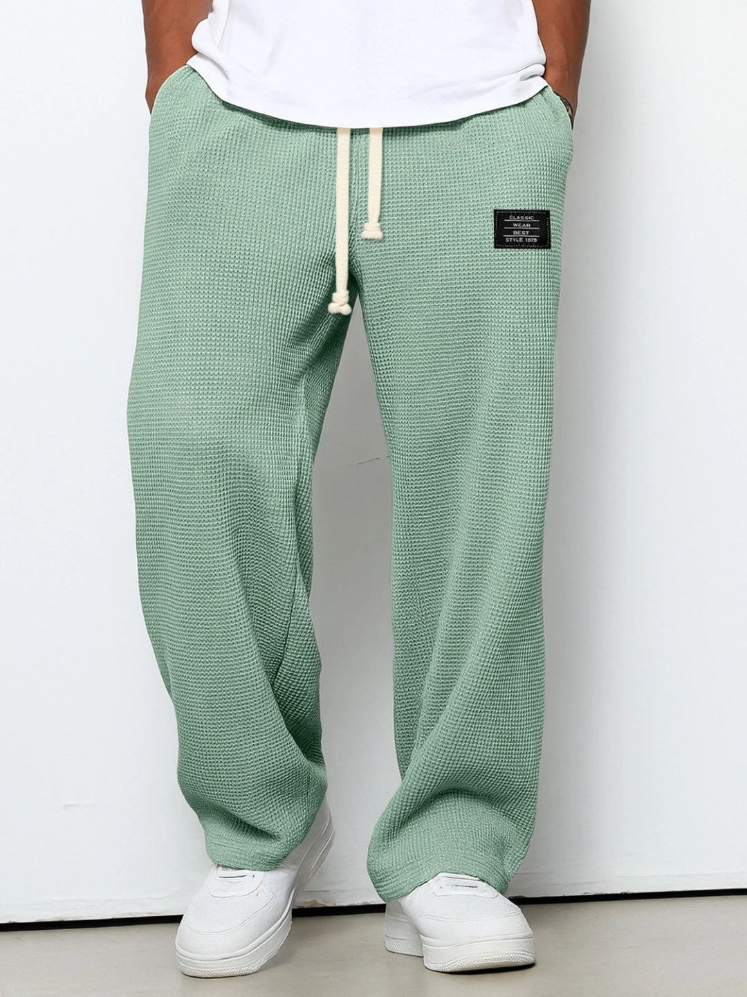 Waffle Straight Pants Fashion Brand Loose Loose  Drawstring Pockets Trousers Casual Men's Clothing