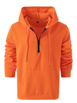 Mens Plaid Jacquard Solid-Color Casual Hoodie