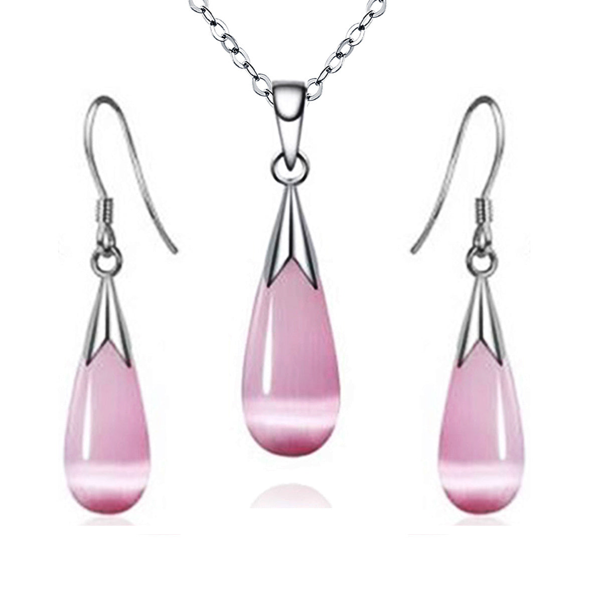 Emma Manor 14k White Gold Plated Water Drop Moonstone Women Jewelry Set --Pendant Necklace And Earrings