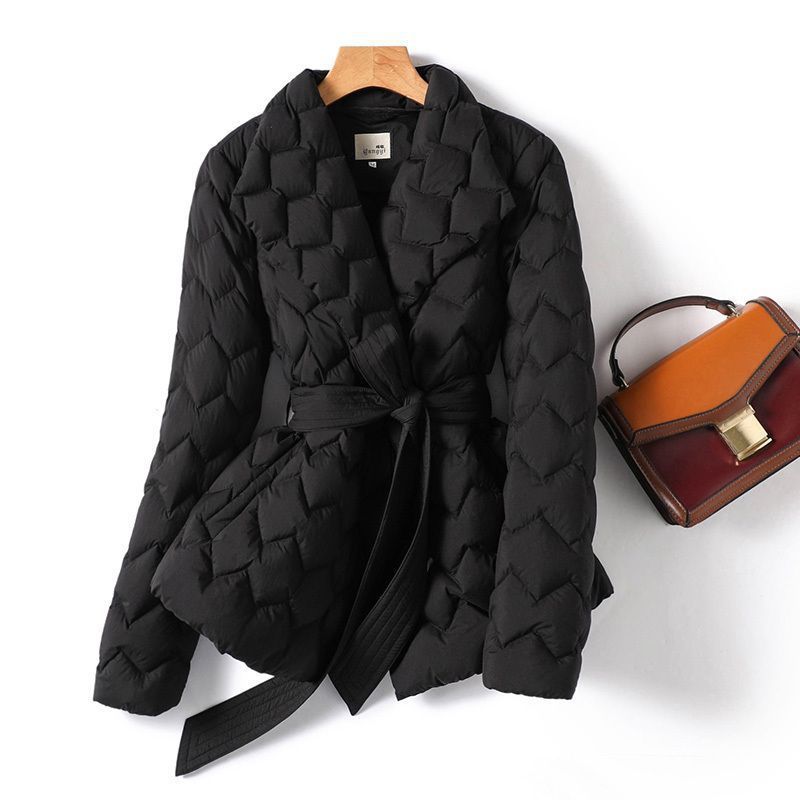 Winter Ripple-stitching Jacket With Belt Fashion Warm Pockets Lapel Coat Women's Temperament Lightweight Outwear Clothing