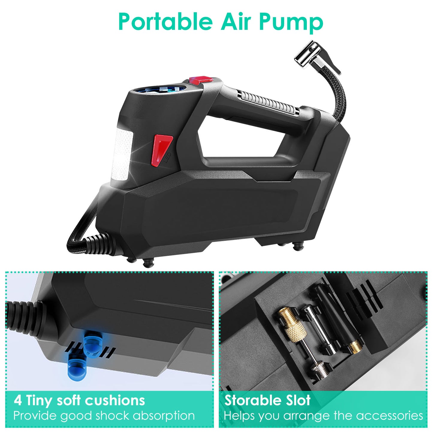 1Pc Portable Tire Inflator 120 PSI Maximum 90W Powered Tire Inflator With Digital Display LED Light Inflatable Nozzle Needle Fuse Air Compressor For Bikes Motorbikes Car Balls