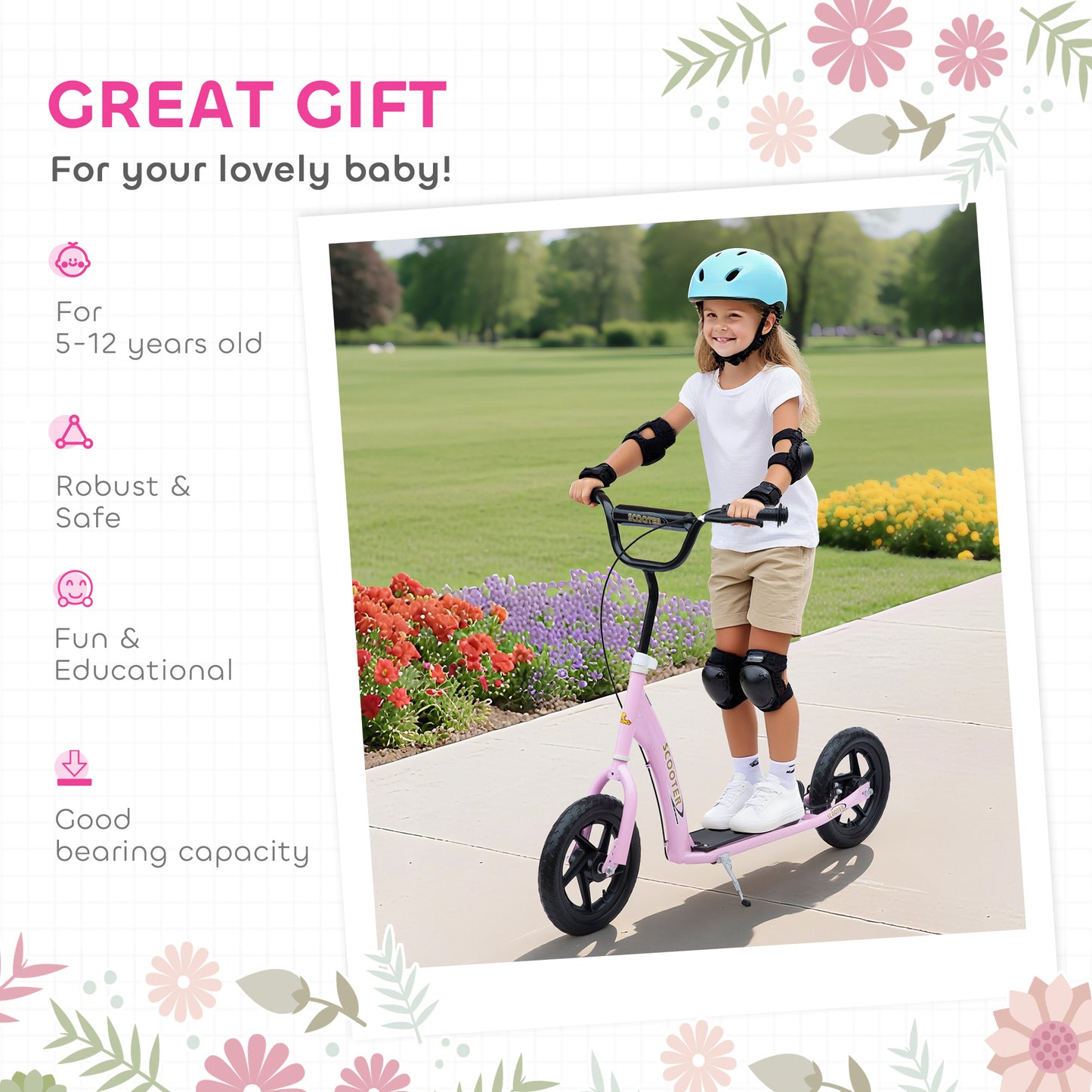 Kick Scooter for Kids 5-12 Years Old with Adjustable Height Handlebar, Non-slip Footplate, Big Wheels, Rear Brake, Pink