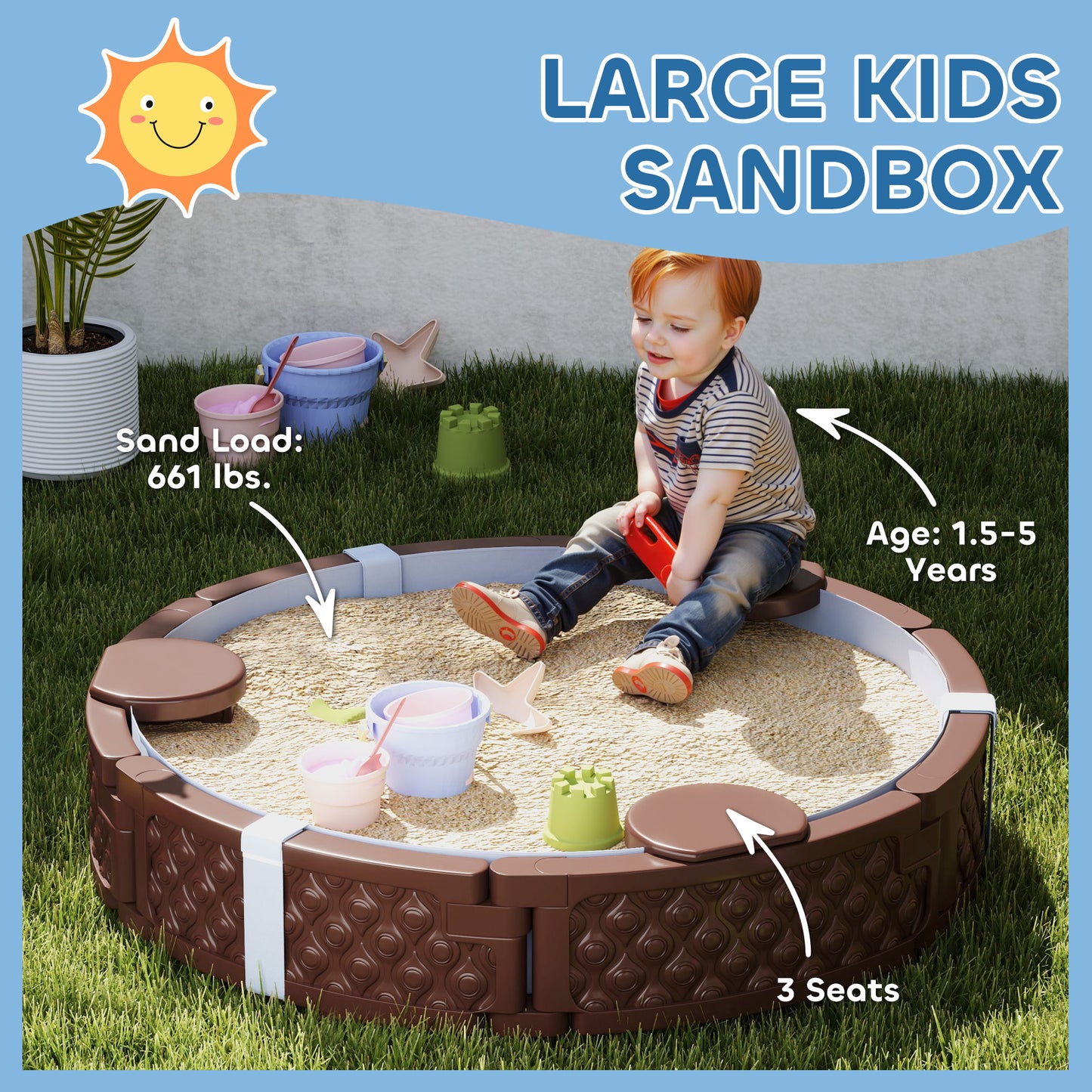 47 Round Kids Sandbox With Cover, 3 Seats, Waterproof Bottom Liner, For Backyard, Lawn, Garden, Beach, Patio, Brown