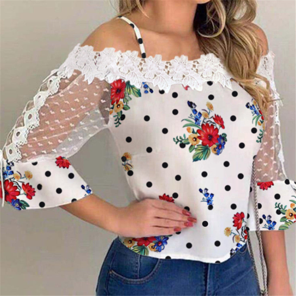 Spotted Printed Gauze Stitching Lace Top