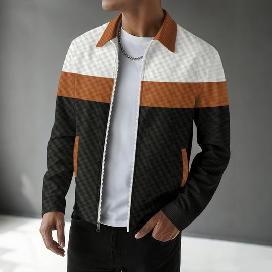 Waffle-knit Colorblock Cardigan With Zippered Pockets And A Notched Collar