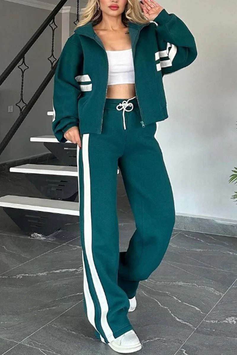 Y2K Striped Zip Top Jacket Casual Sportssuit Women