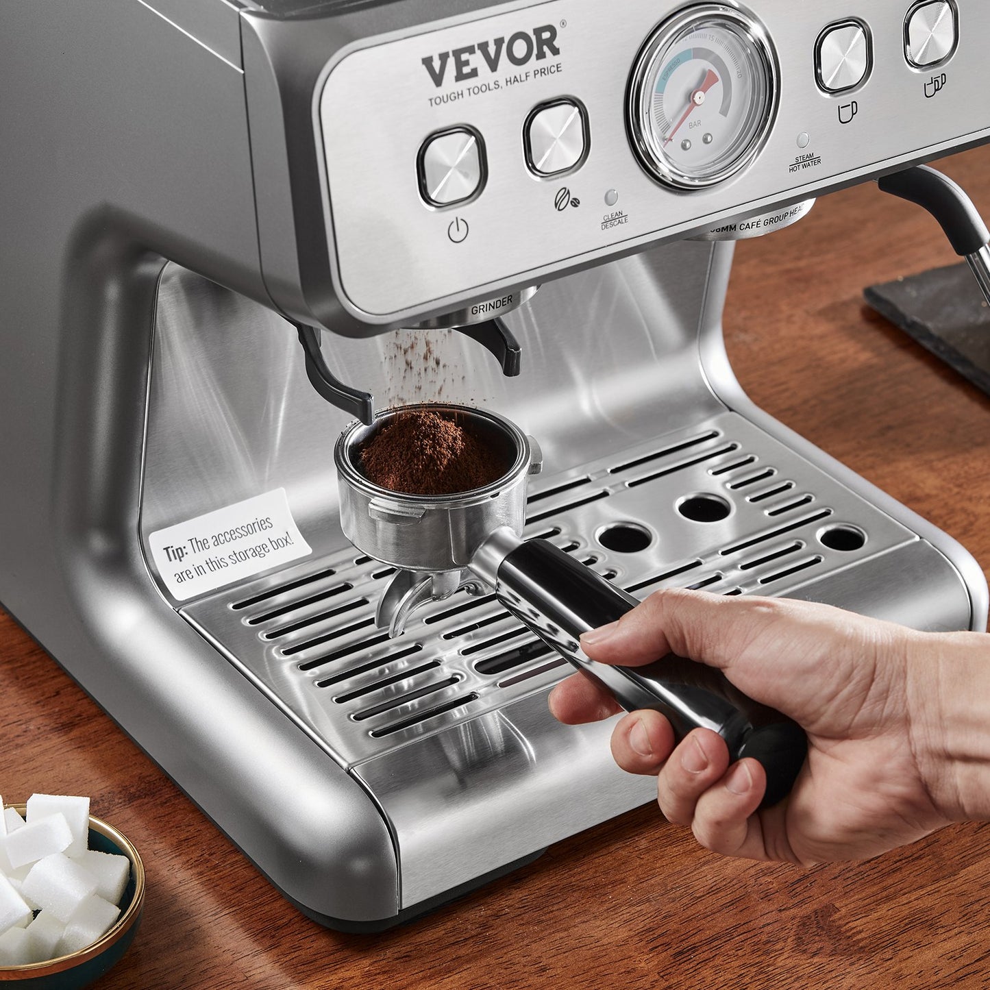 Espresso Machine With Grinder, 15 Bar Semi-Automatic Espresso Coffee Maker With Milk Frother Steam Wand, Removable Water Tank & Pressure Gauge For Cappuccino, Latte, Machiato, PID Control System