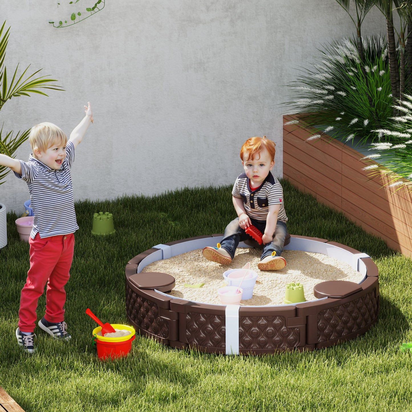 47 Round Kids Sandbox With Cover, 3 Seats, Waterproof Bottom Liner, For Backyard, Lawn, Garden, Beach, Patio, Brown